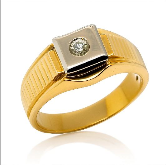 18K 750 Bicolor Solitär Herrenring Diamant 0,10ct Brillant VS Gelbgold Weißgold